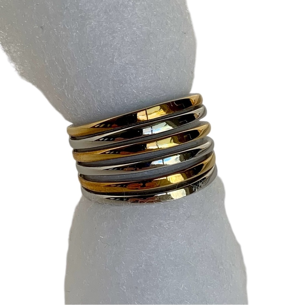 Lia Sophia ECHO Stacked Gold & Silver Tone Designer Cocktail Ring Sz 8